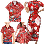 Dolphins Family Matching Short Sleeve Bodycon Dress and Hawaiian Shirt Aboriginal Dot Pattern - Rugby Mascot Heritage Pride