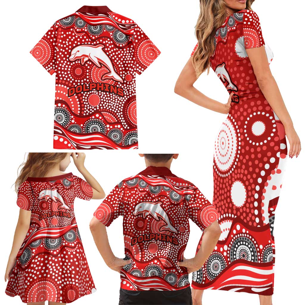Dolphins Family Matching Short Sleeve Bodycon Dress and Hawaiian Shirt Aboriginal Dot Pattern - Rugby Mascot Heritage Pride