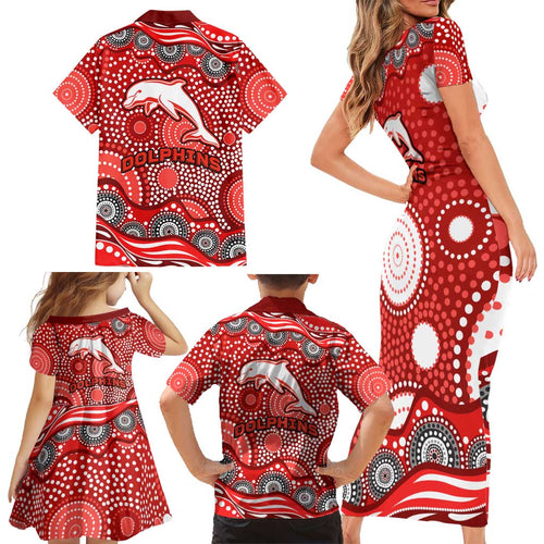 Dolphins Family Matching Short Sleeve Bodycon Dress and Hawaiian Shirt Aboriginal Dot Pattern - Rugby Mascot Heritage Pride