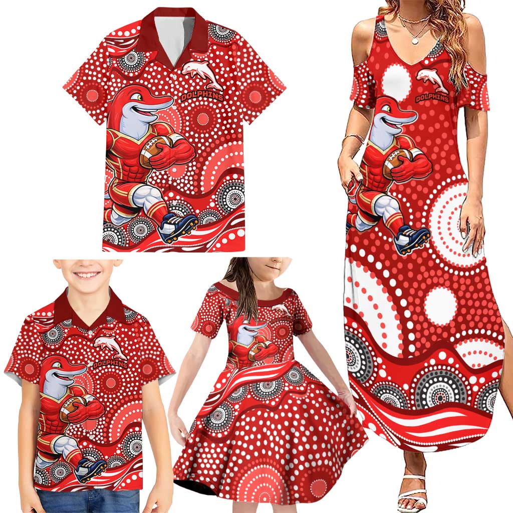 Dolphins Family Matching Summer Maxi Dress and Hawaiian Shirt Aboriginal Dot Pattern - Rugby Mascot Heritage Pride