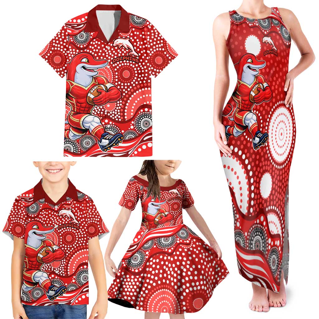 Dolphins Family Matching Tank Maxi Dress and Hawaiian Shirt Aboriginal Dot Pattern - Rugby Mascot Heritage Pride