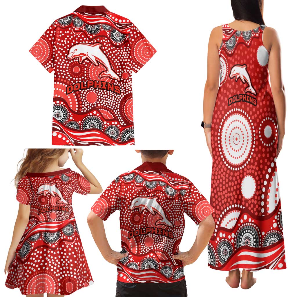 Dolphins Family Matching Tank Maxi Dress and Hawaiian Shirt Aboriginal Dot Pattern - Rugby Mascot Heritage Pride