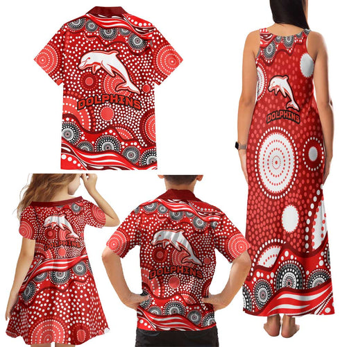 Dolphins Family Matching Tank Maxi Dress and Hawaiian Shirt Aboriginal Dot Pattern - Rugby Mascot Heritage Pride