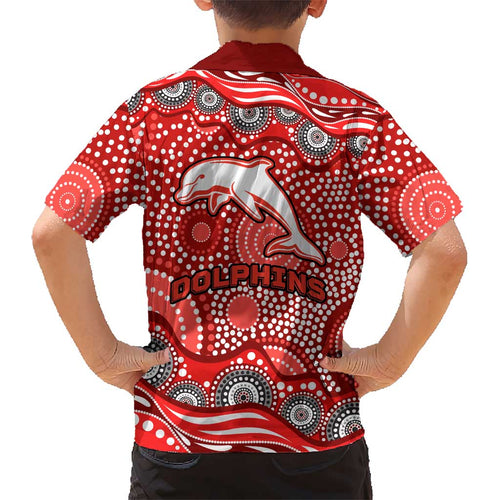Dolphins Kid Hawaiian Shirt Aboriginal Dot Pattern - Rugby Mascot Heritage Pride