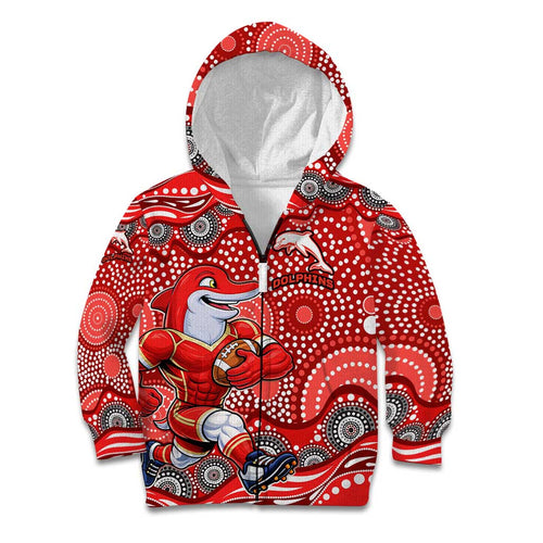 Dolphins Kid Hoodie Aboriginal Dot Pattern - Rugby Mascot Heritage Pride