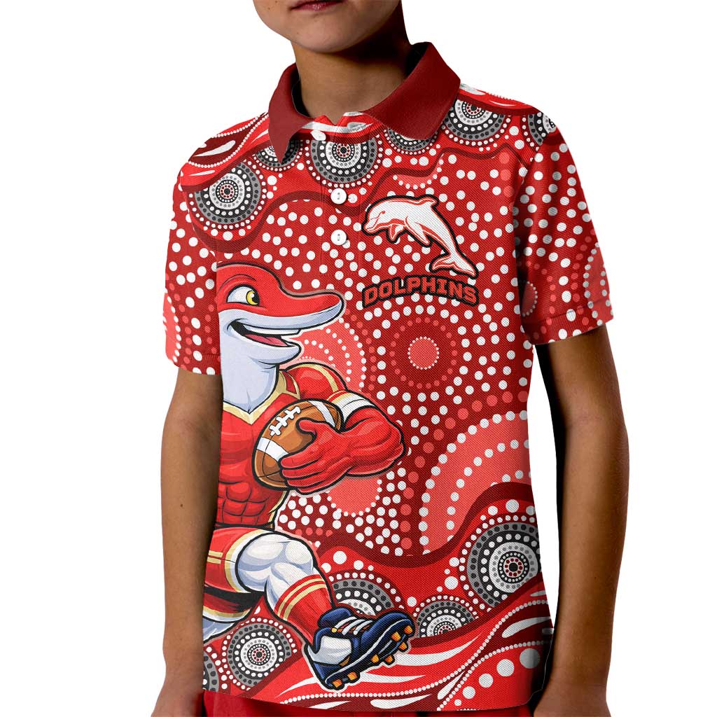 Dolphins Kid Polo Shirt Aboriginal Dot Pattern - Rugby Mascot Heritage Pride