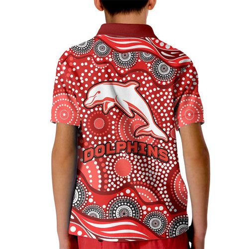 Dolphins Kid Polo Shirt Aboriginal Dot Pattern - Rugby Mascot Heritage Pride