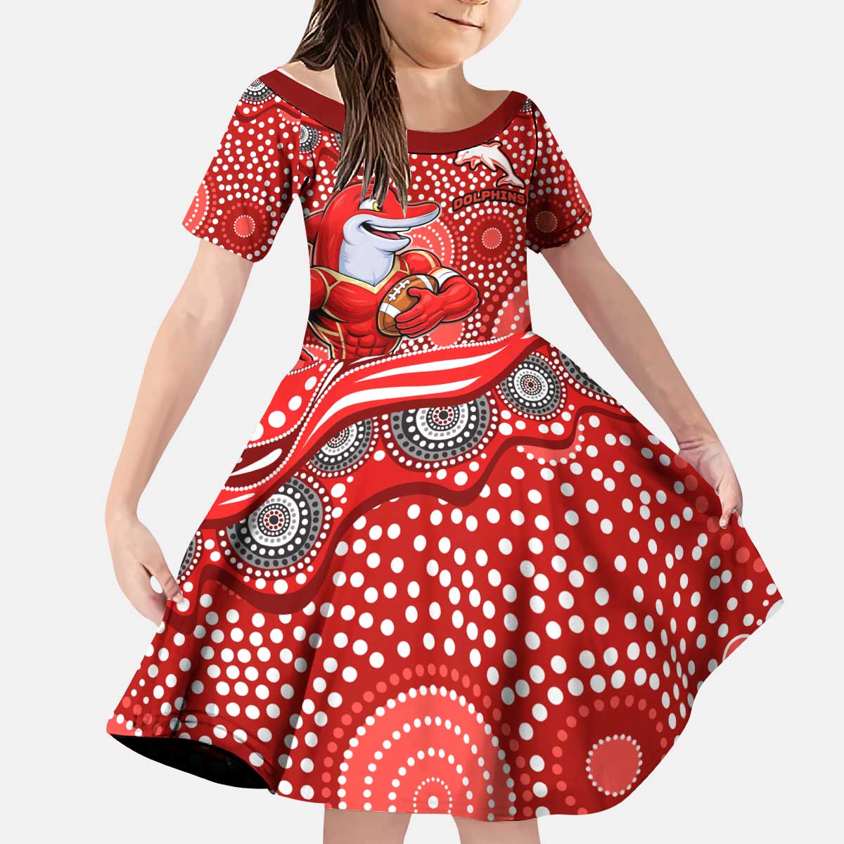Dolphins Kid Short Sleeve Dress Aboriginal Dot Pattern - Rugby Mascot Heritage Pride