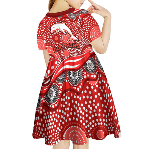 Dolphins Kid Short Sleeve Dress Aboriginal Dot Pattern - Rugby Mascot Heritage Pride