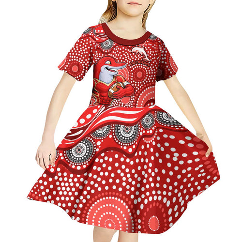 Dolphins Kid Short Sleeve Dress Aboriginal Dot Pattern - Rugby Mascot Heritage Pride