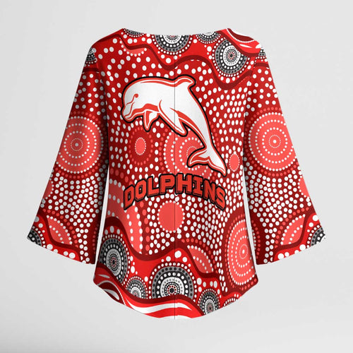 Dolphins Kimono Sleeve Blouse Aboriginal Dot Pattern - Rugby Mascot Heritage Pride