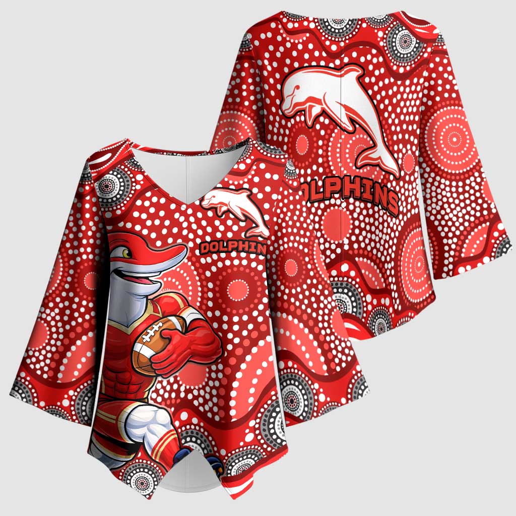 Dolphins Kimono Sleeve Blouse Aboriginal Dot Pattern - Rugby Mascot Heritage Pride