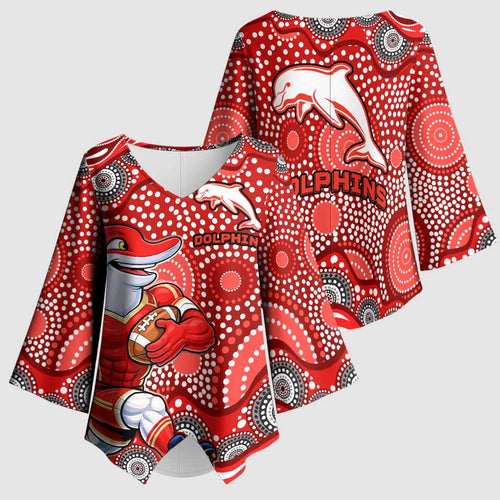 Dolphins Kimono Sleeve Blouse Aboriginal Dot Pattern - Rugby Mascot Heritage Pride