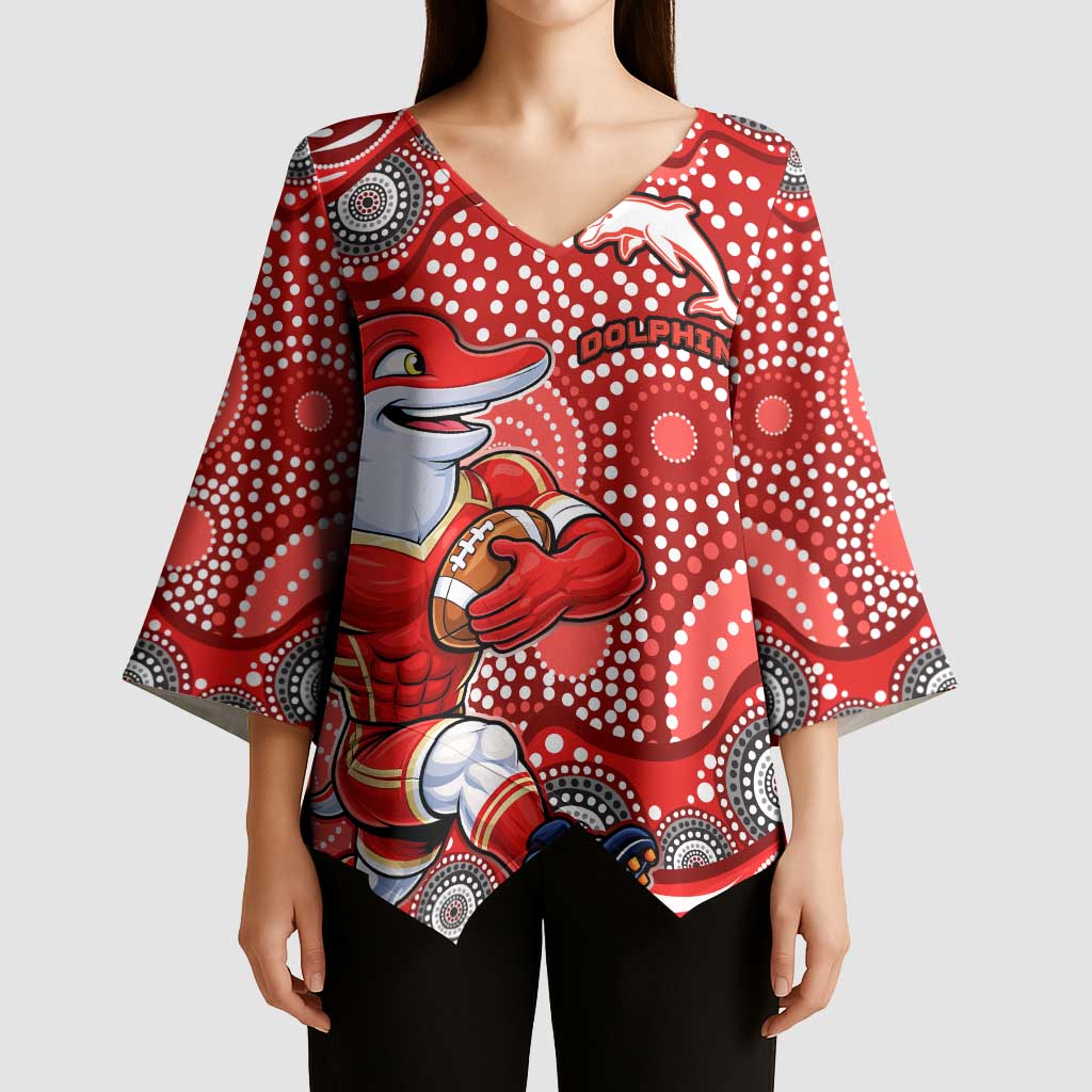 Dolphins Kimono Sleeve Blouse Aboriginal Dot Pattern - Rugby Mascot Heritage Pride