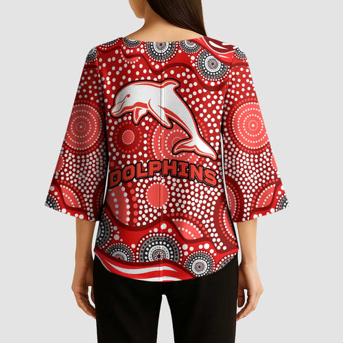 Dolphins Kimono Sleeve Blouse Aboriginal Dot Pattern - Rugby Mascot Heritage Pride