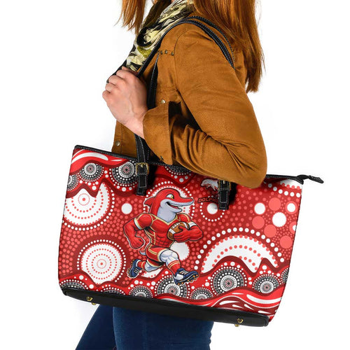 Dolphins Leather Tote Bag Aboriginal Dot Pattern - Rugby Mascot Heritage Pride