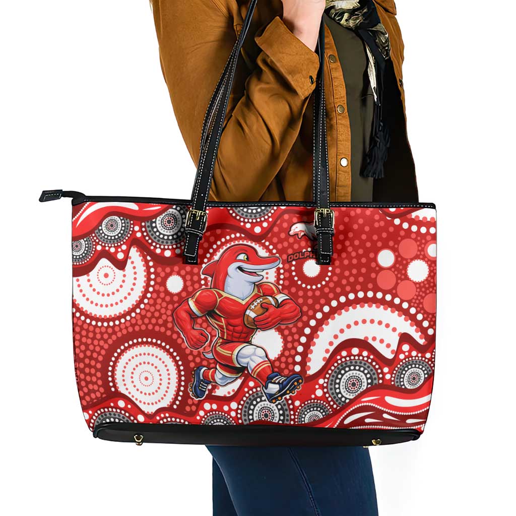 Dolphins Leather Tote Bag Aboriginal Dot Pattern - Rugby Mascot Heritage Pride