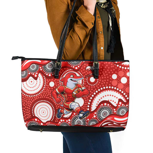 Dolphins Leather Tote Bag Aboriginal Dot Pattern - Rugby Mascot Heritage Pride