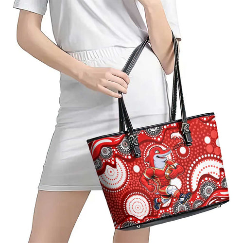 Dolphins Leather Tote Bag Aboriginal Dot Pattern - Rugby Mascot Heritage Pride