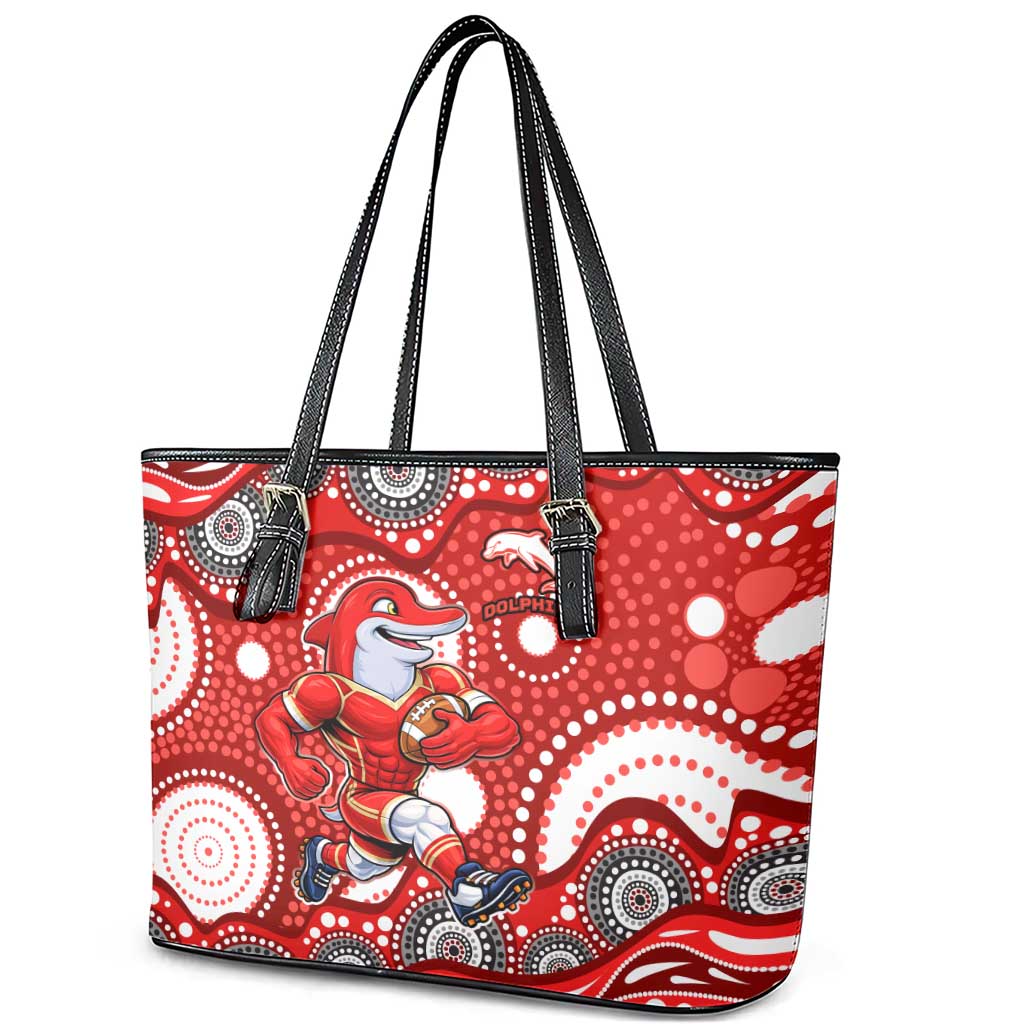 Dolphins Leather Tote Bag Aboriginal Dot Pattern - Rugby Mascot Heritage Pride