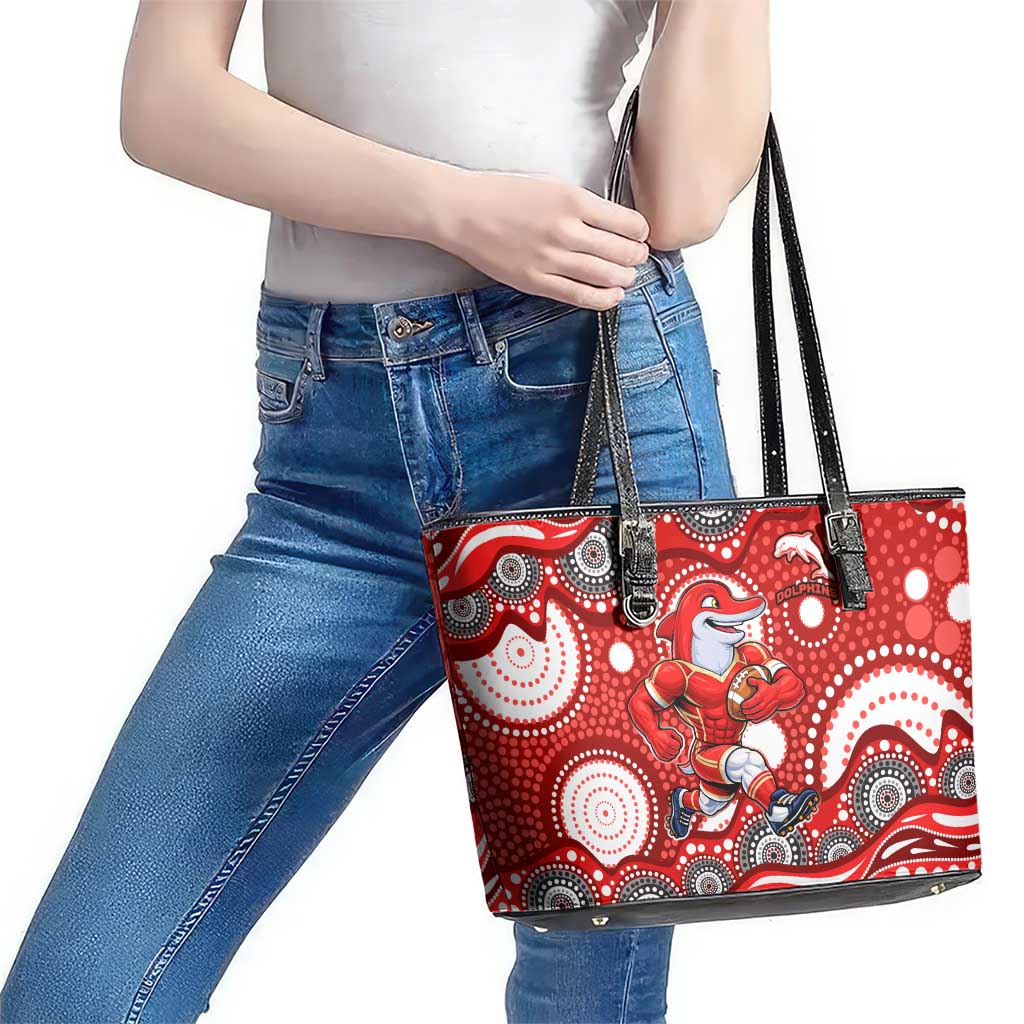 Dolphins Leather Tote Bag Aboriginal Dot Pattern - Rugby Mascot Heritage Pride