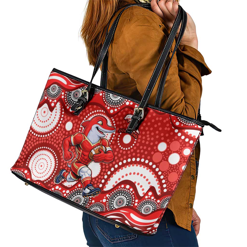 Dolphins Leather Tote Bag Aboriginal Dot Pattern - Rugby Mascot Heritage Pride