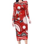 Dolphins Long Sleeve Bodycon Dress Aboriginal Dot Pattern - Rugby Mascot Heritage Pride