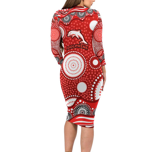 Dolphins Long Sleeve Bodycon Dress Aboriginal Dot Pattern - Rugby Mascot Heritage Pride