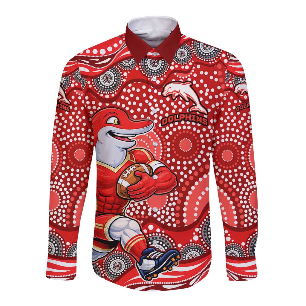 Dolphins Long Sleeve Button Shirt Aboriginal Dot Pattern - Rugby Mascot Heritage Pride