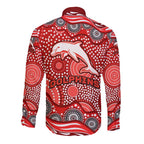 Dolphins Long Sleeve Button Shirt Aboriginal Dot Pattern - Rugby Mascot Heritage Pride
