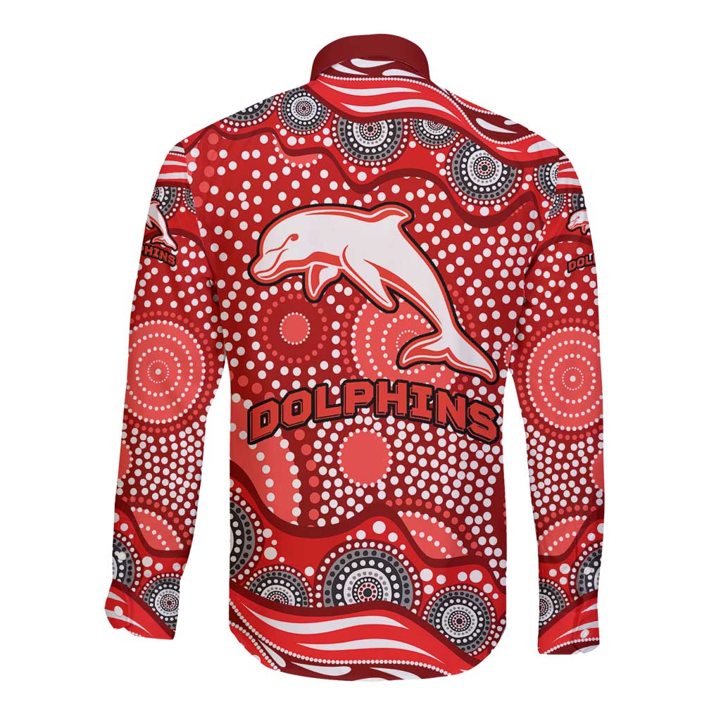 Dolphins Long Sleeve Button Shirt Aboriginal Dot Pattern - Rugby Mascot Heritage Pride