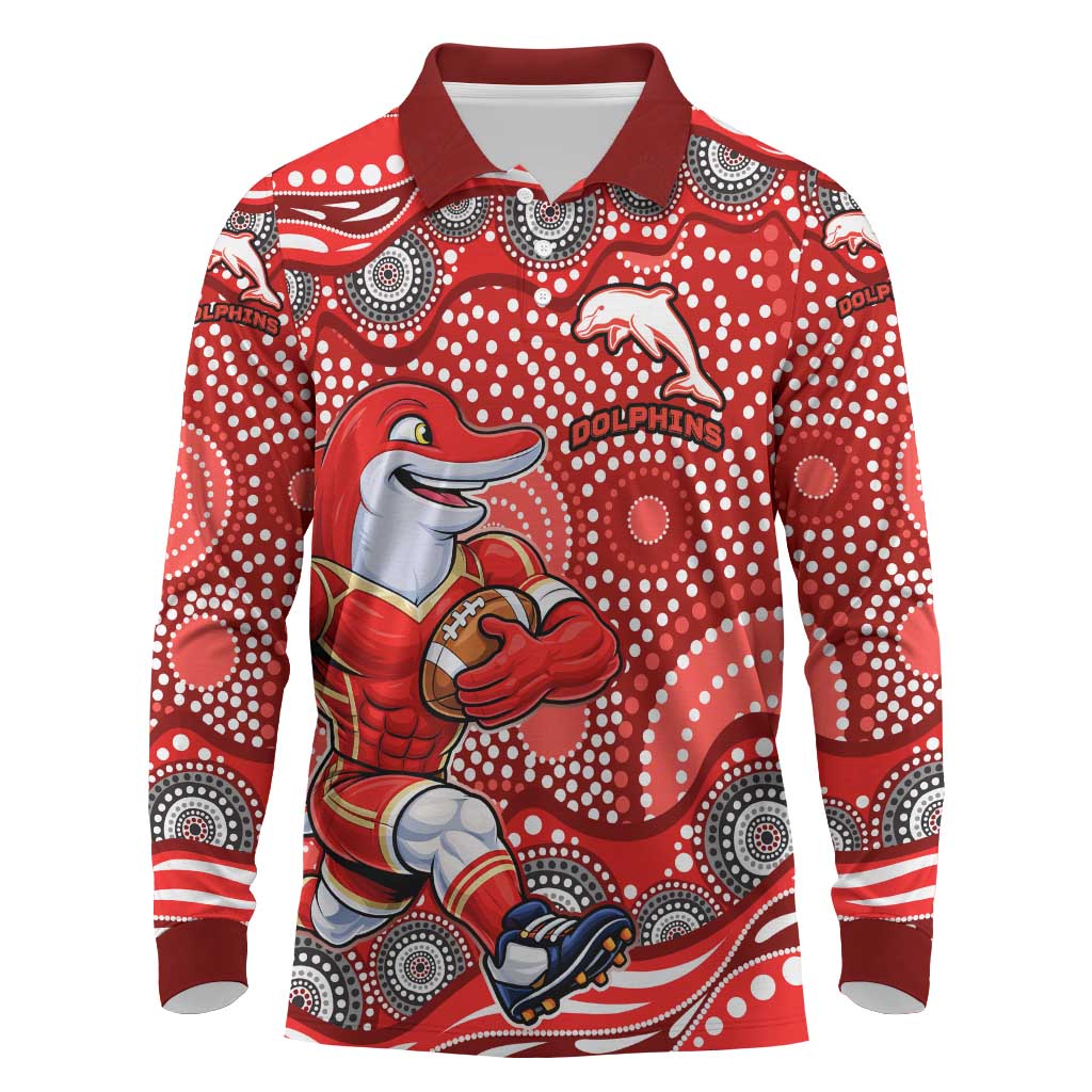 Dolphins Long Sleeve Polo Shirt Aboriginal Dot Pattern - Rugby Mascot Heritage Pride