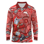 Dolphins Long Sleeve Polo Shirt Aboriginal Dot Pattern - Rugby Mascot Heritage Pride