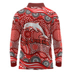 Dolphins Long Sleeve Polo Shirt Aboriginal Dot Pattern - Rugby Mascot Heritage Pride