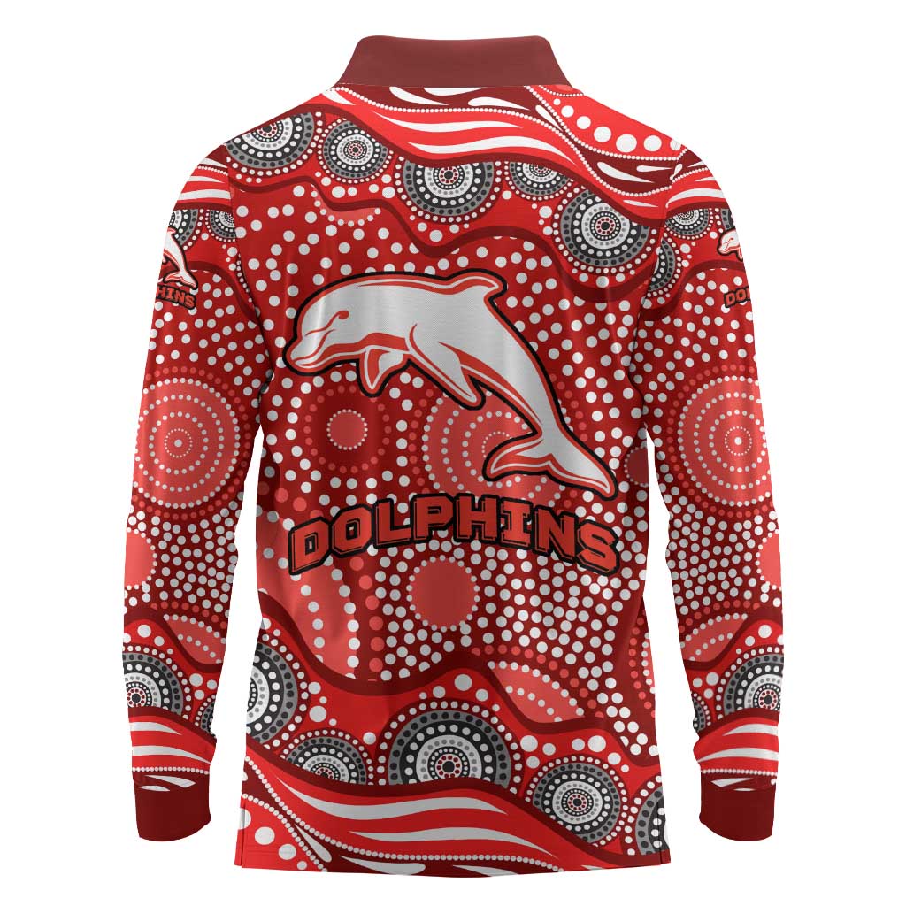 Dolphins Long Sleeve Polo Shirt Aboriginal Dot Pattern - Rugby Mascot Heritage Pride