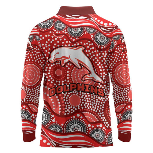 Dolphins Long Sleeve Polo Shirt Aboriginal Dot Pattern - Rugby Mascot Heritage Pride