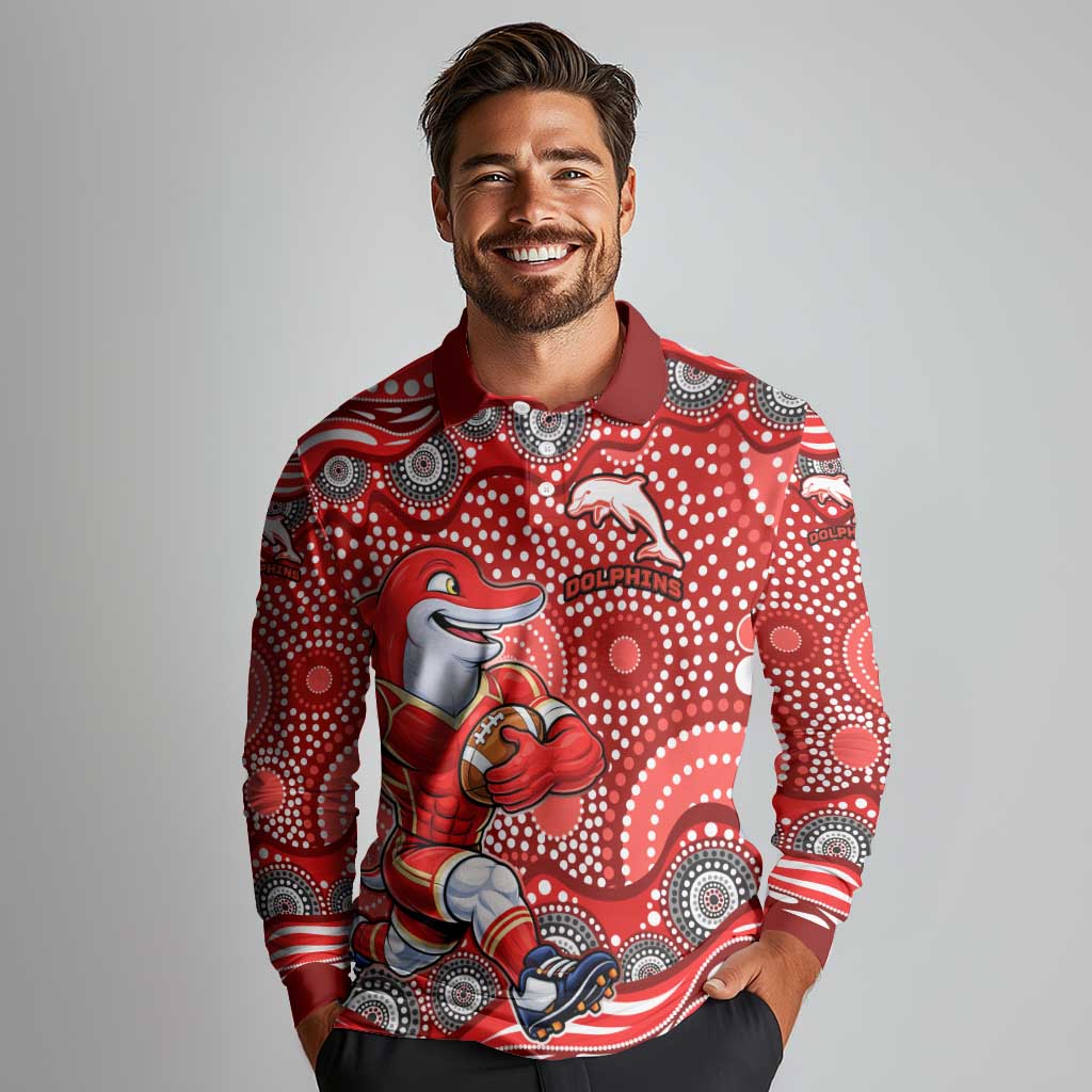 Dolphins Long Sleeve Polo Shirt Aboriginal Dot Pattern - Rugby Mascot Heritage Pride