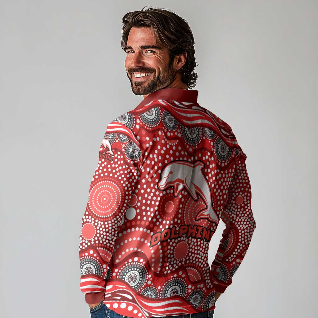 Dolphins Long Sleeve Polo Shirt Aboriginal Dot Pattern - Rugby Mascot Heritage Pride