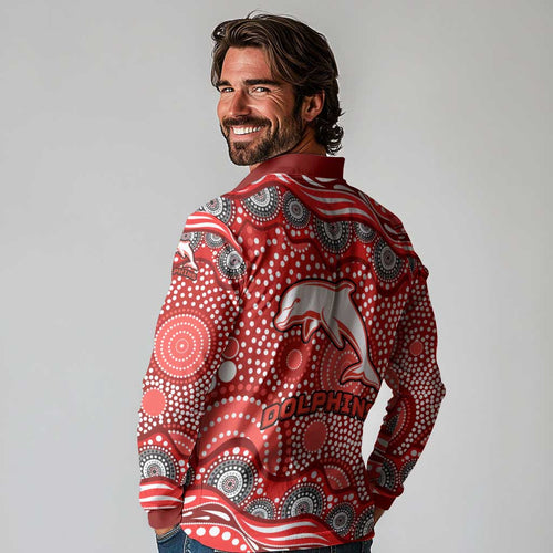 Dolphins Long Sleeve Polo Shirt Aboriginal Dot Pattern - Rugby Mascot Heritage Pride