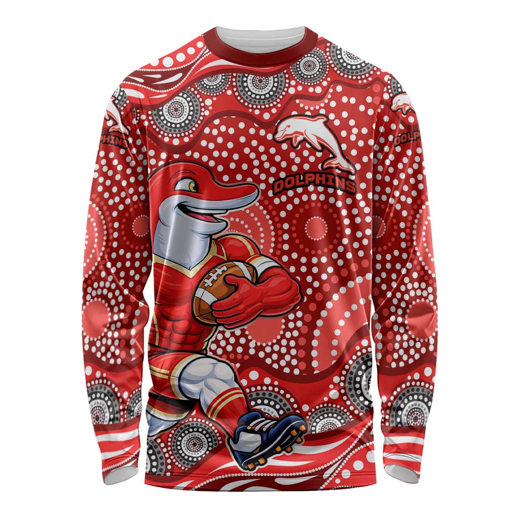 Dolphins Long Sleeve Shirt Aboriginal Dot Pattern - Rugby Mascot Heritage Pride