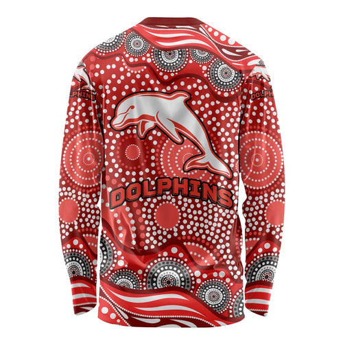 Dolphins Long Sleeve Shirt Aboriginal Dot Pattern - Rugby Mascot Heritage Pride