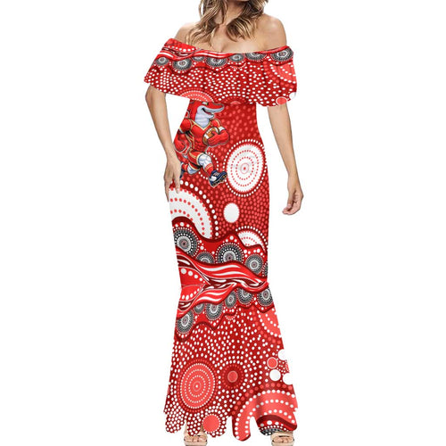 Dolphins Mermaid Dress Aboriginal Dot Pattern - Rugby Mascot Heritage Pride