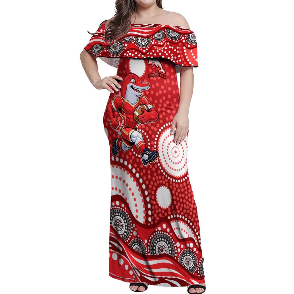 Dolphins Off Shoulder Maxi Dress Aboriginal Dot Pattern - Rugby Mascot Heritage Pride