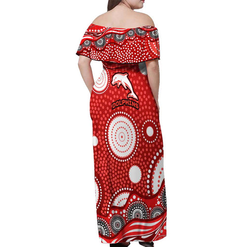 Dolphins Off Shoulder Maxi Dress Aboriginal Dot Pattern - Rugby Mascot Heritage Pride