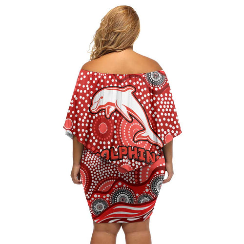 Dolphins Off Shoulder Short Dress Aboriginal Dot Pattern - Rugby Mascot Heritage Pride