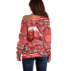 Dolphins Off Shoulder Sweater Aboriginal Dot Pattern - Rugby Mascot Heritage Pride