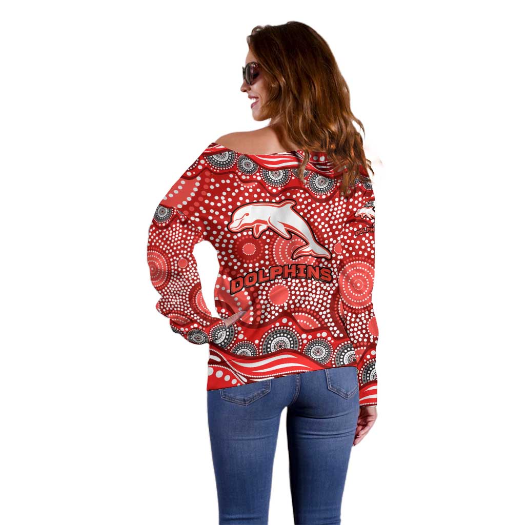 Dolphins Off Shoulder Sweater Aboriginal Dot Pattern - Rugby Mascot Heritage Pride
