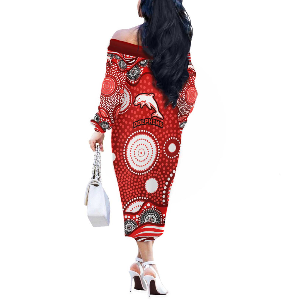 Dolphins Off The Shoulder Long Sleeve Dress Aboriginal Dot Pattern - Rugby Mascot Heritage Pride