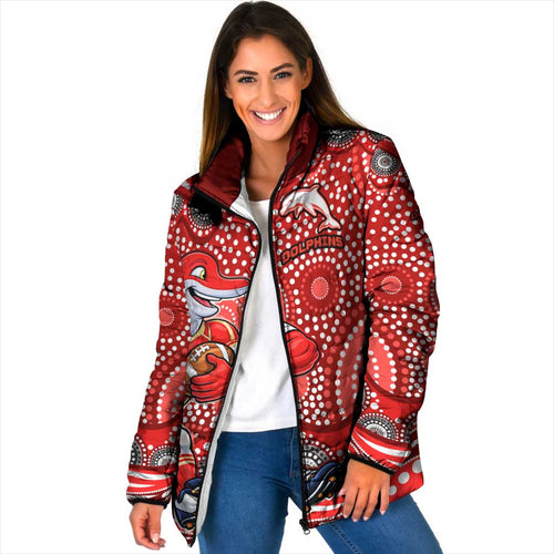 Dolphins Padded Jacket Aboriginal Dot Pattern - Rugby Mascot Heritage Pride