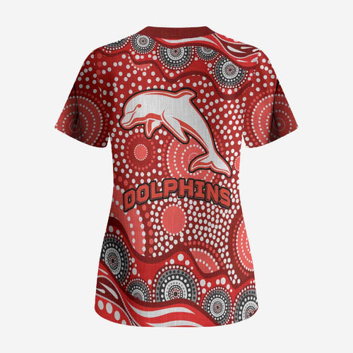 Dolphins Scrub Top Aboriginal Dot Pattern - Rugby Mascot Heritage Pride
